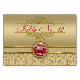Faux Mörk Ruby Red Gemstone Metallic Guld Damask Bordsnummer