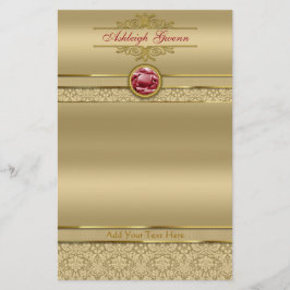 Faux Mörk Ruby Red Gemstone Metallic Guld Damask Brevpapper