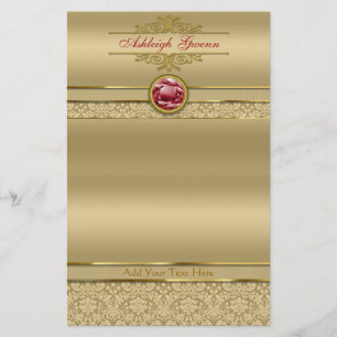 Faux Mörk Ruby Red Gemstone Metallic Guld Damask Brevpapper