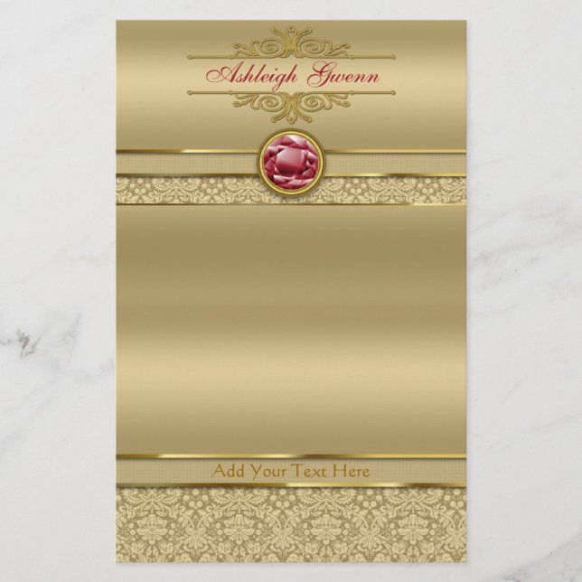 Faux Mörk Ruby Red Gemstone Metallic Guld Damask Brevpapper (Framsida)