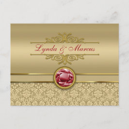 Faux Mörk Ruby Red Gemstone Metallic Guld Damask Vykort