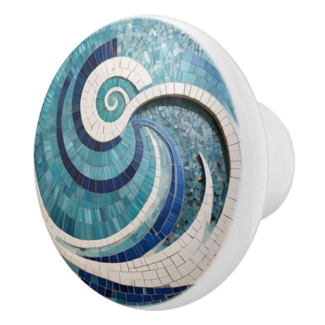 Faux Mosaic Aqua Blue Swirling Ocean Sea Wave Knopp (Höger)
