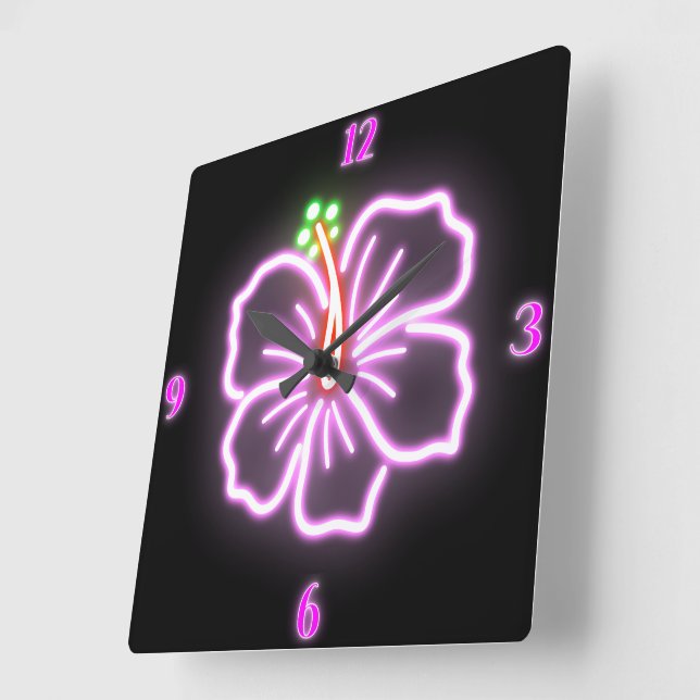 Faux Neon Hibiscus Wall Clock Fyrkantig Klocka (Vinkel)