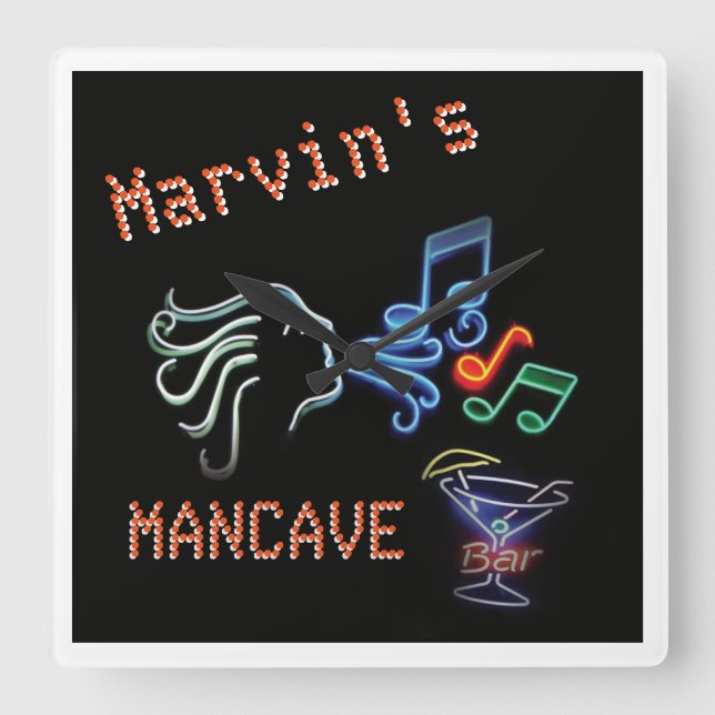 Faux Neon Mancave Fyrkantig Klocka (Framsida)