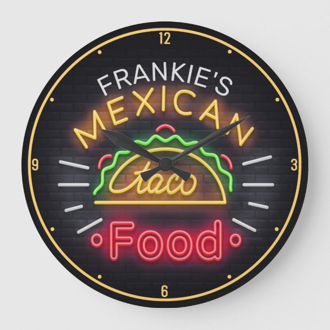 Faux Neon Mexican Food Taco Personlig Middag Stor Klocka (Framsida)