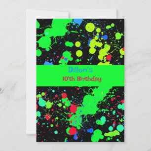 Faux Neon Paint Boll Splatter, Födelsedagsfest Inbjudningar
