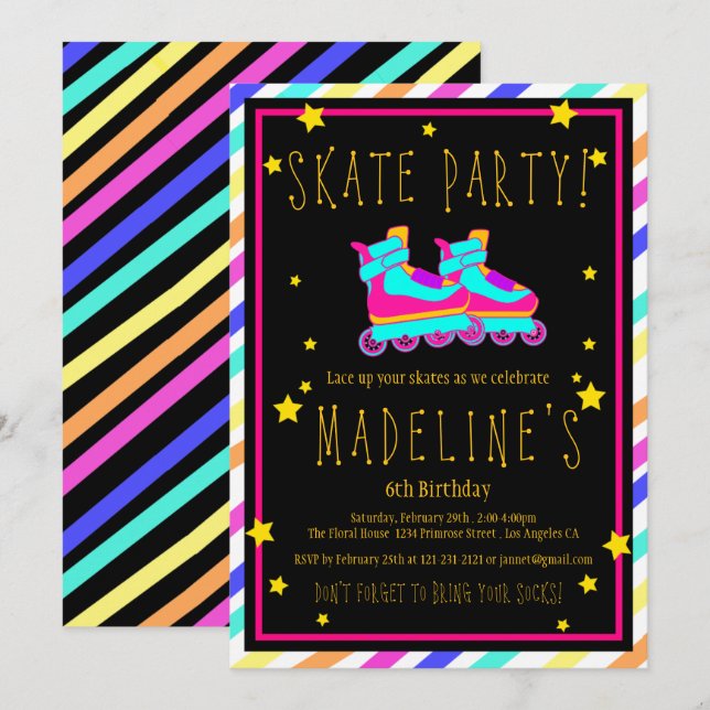 Faux Neon Roller Skate Chalkboard Rainbow Birthday Inbjudningar (Fram/baksida)