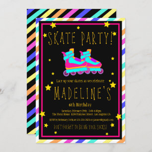Faux Neon Roller Skate Chalkboard Rainbow Birthday Inbjudningar