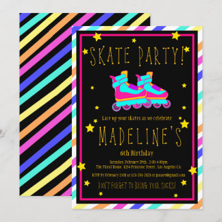 Faux Neon Roller Skate Chalkboard Rainbow Birthday Inbjudningar
