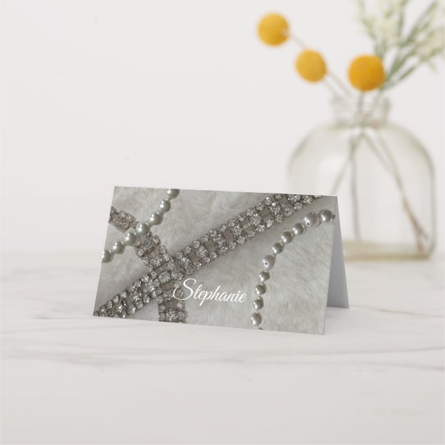 Faux Päls Pearls och Diamond Place Card Placeringskort (Framsida)