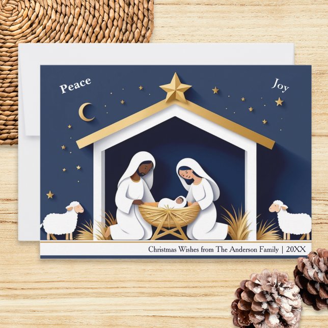 Faux Papercraft Peace & Joy Natiativitjul Julkort (A faux papercraft Christmas card with nativity scene. Mary, Joseph and baby Jesus in the manger)