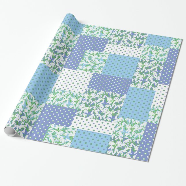 Faux Patchwork Blue Grönt White SnowDrop Mönster Presentpapper (Utrullad)