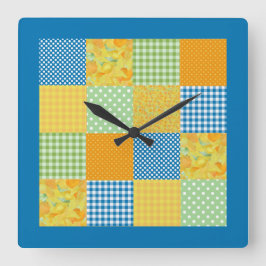 Faux-Patchwork, Daffodils, Polkas, Checkon Blue Fyrkantig Klocka