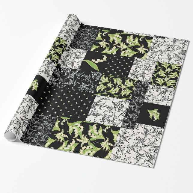 Faux Patchwork Giftwrap: Lily of the Valley, Black Presentpapper (Utrullad)
