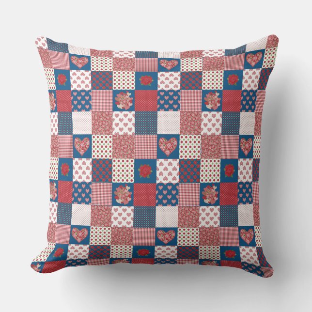 Faux-Patchwork, Hearts, Ro, Polkas, Checks Kudde (Framsida)
