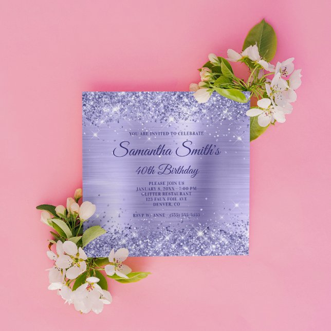 Faux Periwinkle Glitter och Foil 40:e födelsedagen Inbjudningar (Create your own milestone birthday invitation for her.)