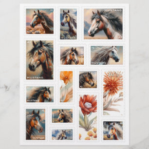 Faux Postage Frimärke w/ Mustang Horses Fall Blomm