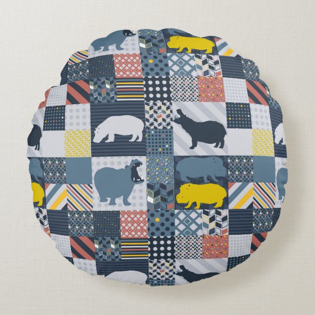 Faux-Quilted Hippos Rund Kudde (Framsidan)