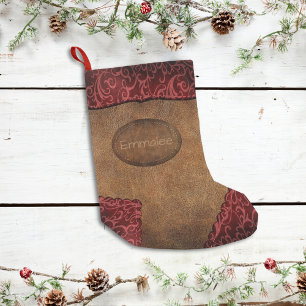 Faux Red Brown Monogram Leather Liten Julstrumpa