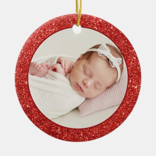 Faux Red Glitter Baby, första julfoto Julgransprydnad Keramik (Framsidan)