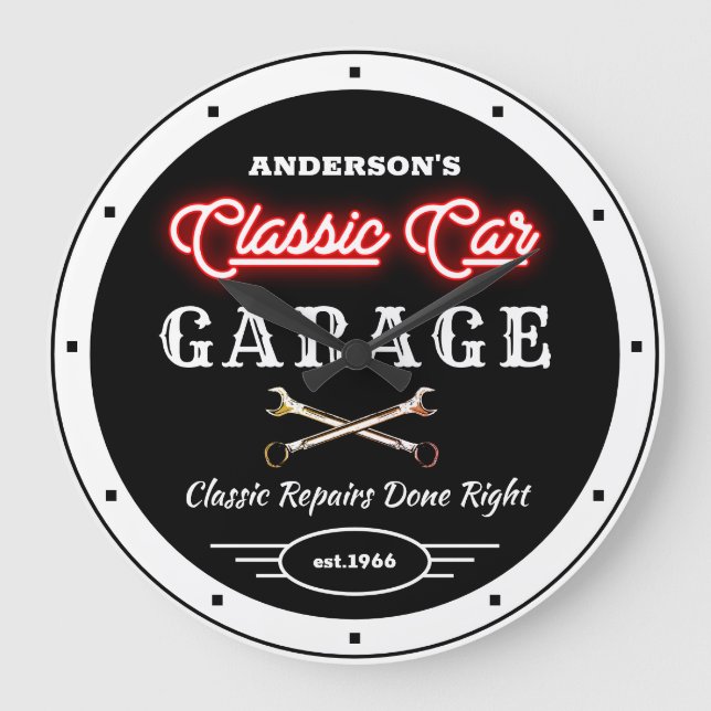 Faux Red Neon Classic Car Garage any Namn    Stor Klocka (Framsida)
