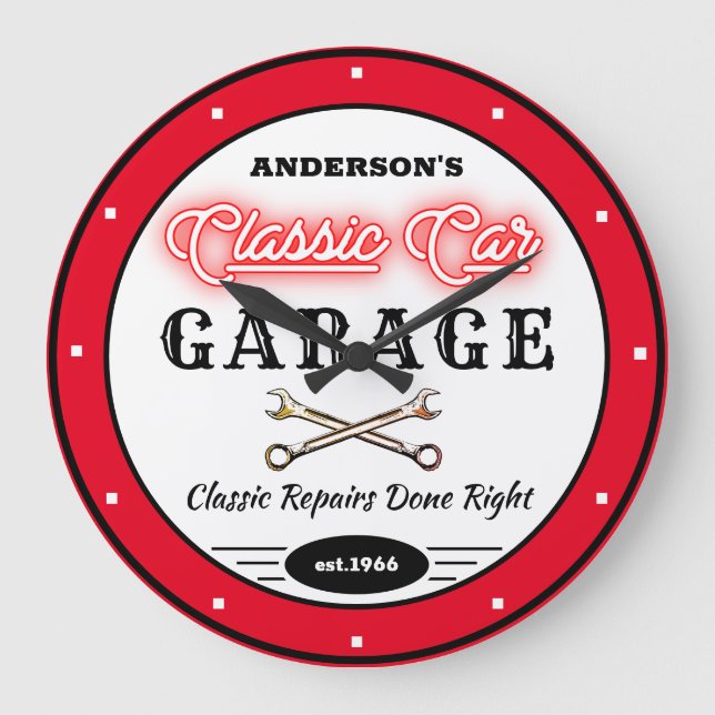 Faux Red Neon Classic Car Garage any Namn Stor Klocka (Framsida)