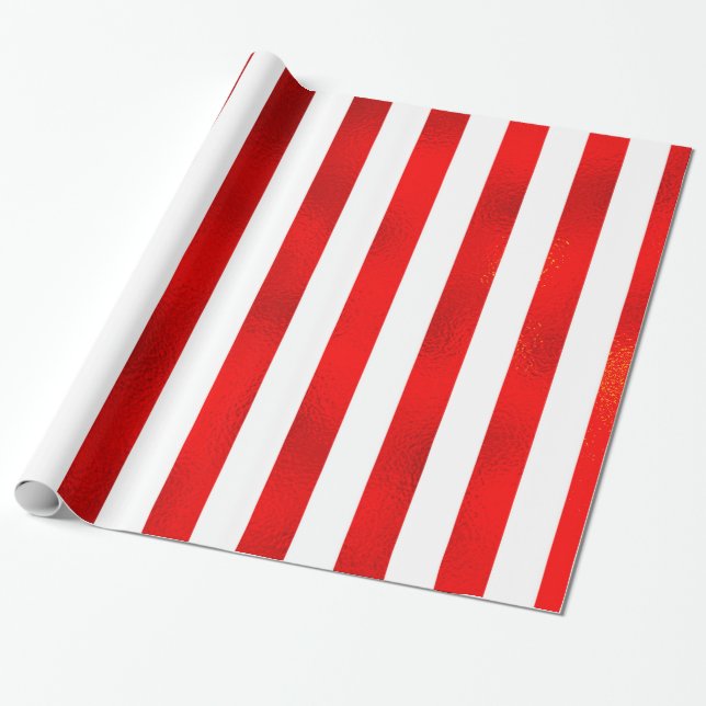 Faux Red White Lodrät Ränders ’Candy Rand’ Presentpapper (Utrullad)