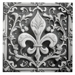 Faux Relief Black and White Fleur de Lis Kakelplatta