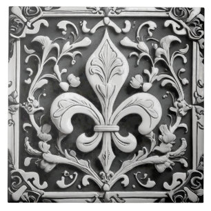 Faux Relief Black and White Fleur de Lis Kakelplatta