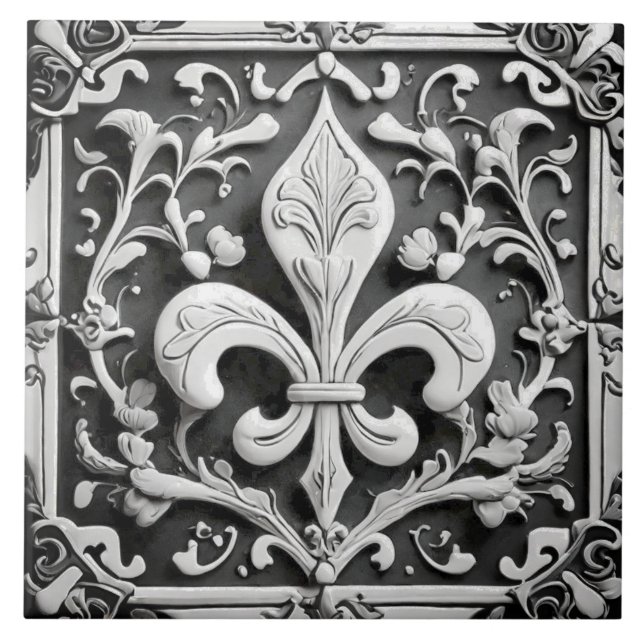 Faux Relief Black and White Fleur de Lis Kakelplatta (Framsidan)