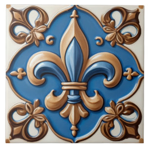 Faux Relief Blue & Guld Fleur de Lis Kakelplatta