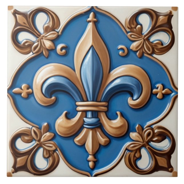Faux Relief Blue & Guld Fleur de Lis Kakelplatta (Framsidan)