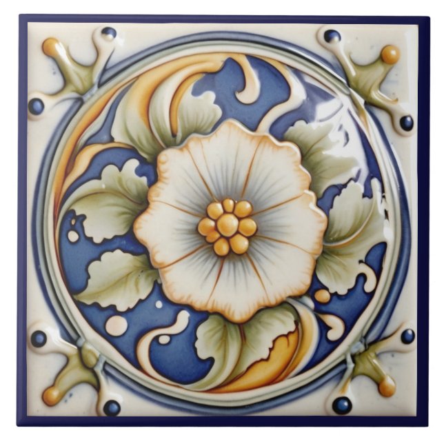 Faux Relief Flower Art Deco Blue White Blommigt Kakelplatta (Framsidan)