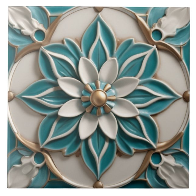 Faux Relief Flower in Turkvoise Teal White & Guld Kakelplatta (Framsidan)