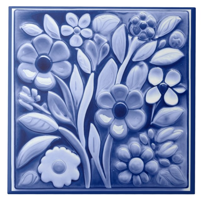 Faux Relief Mörk blått Blommigt Flowers Kakelplatta (Framsidan)