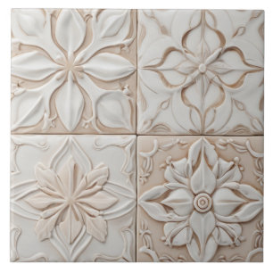 Faux Relief - Pastel Beige & White Abstrakt Blommi Kakelplatta