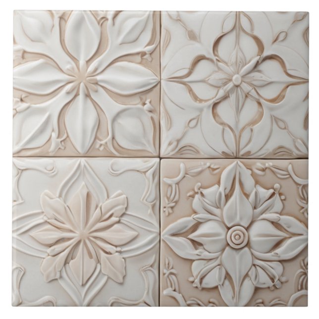 Faux Relief - Pastel Beige & White Abstrakt Blommi Kakelplatta (Framsidan)
