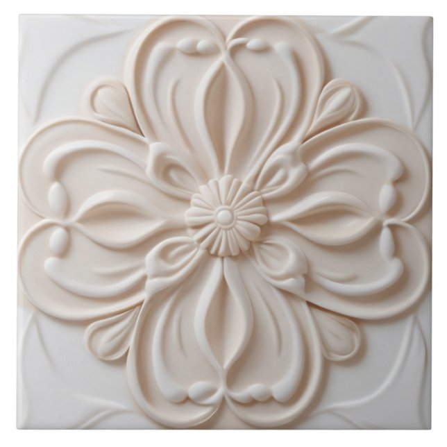 Faux Relief Pastel Beige & White Decorative Flower Kakelplatta (Framsidan)