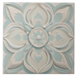 Faux Relief Pastel Mint Blue & White Blommigt Kakelplatta