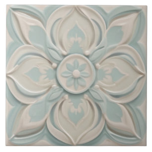 Faux Relief Pastel Mint Blue & White Blommigt Kakelplatta