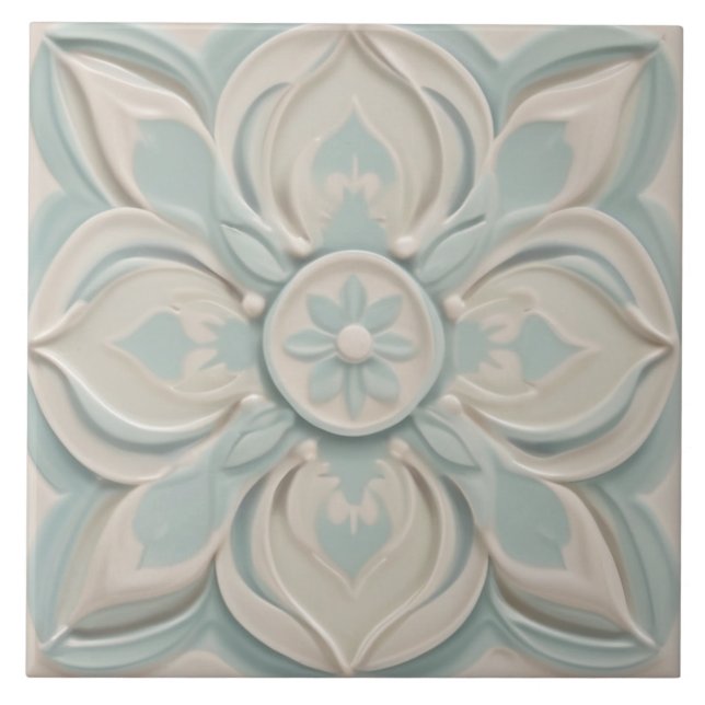 Faux Relief Pastel Mint Blue & White Blommigt Kakelplatta (Framsidan)