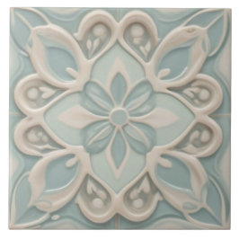 Faux Relief Pastel Mint Blue & White Blommigt Kakelplatta