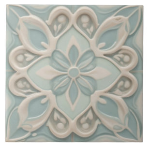 Faux Relief Pastel Mint Blue & White Blommigt Kakelplatta