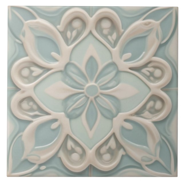 Faux Relief Pastel Mint Blue & White Blommigt Kakelplatta (Framsidan)