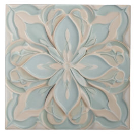 Faux Relief Pastel Mint Blue & White Blommigt Kakelplatta