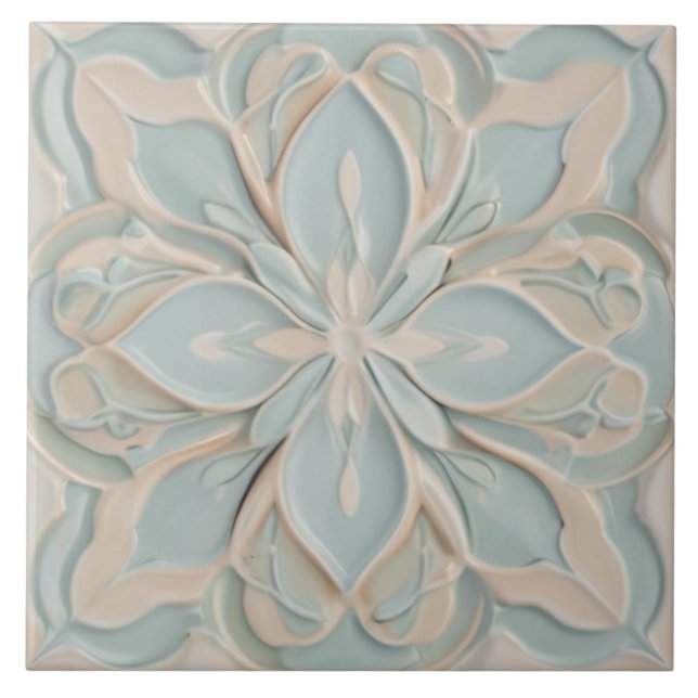 Faux Relief Pastel Mint Blue & White Blommigt Kakelplatta (Framsidan)