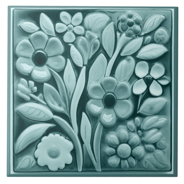 Faux Relief Turcos Teal Blommigt Flowers Kakelplatta (Framsidan)
