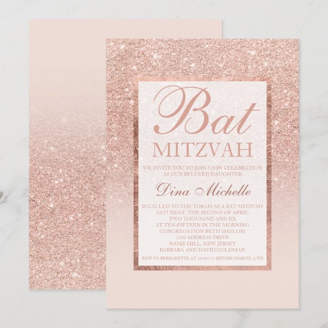 Faux ro glitter elegant chic Bat mitzvah Inbjudningar (Fram/baksida)