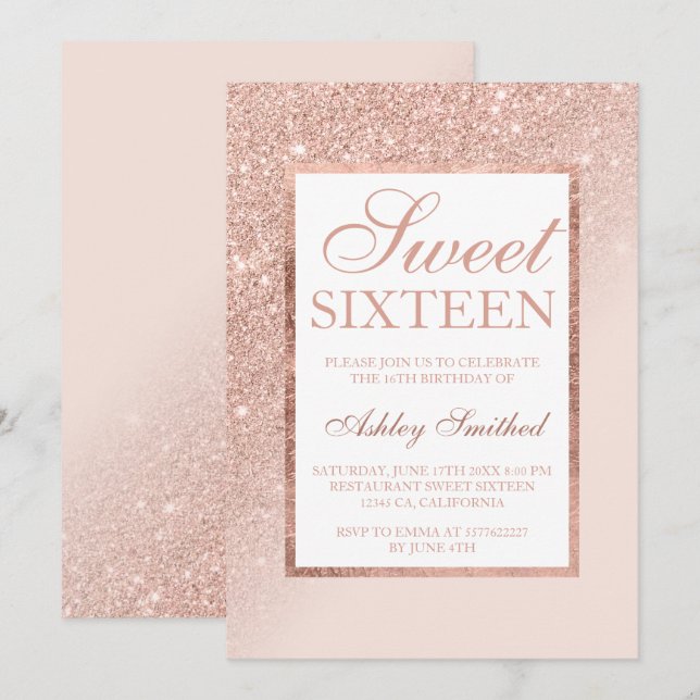 Faux ro glitter elegant chic guld Sweet 16 side Inbjudningar (Fram/baksida)