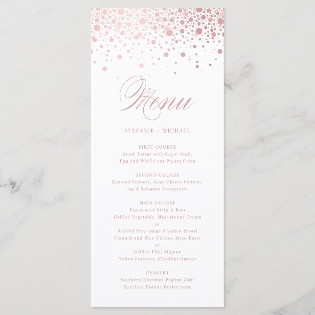Faux Ro Gold Foil Confetti Elegant bröllop Menu Meny (Framsida)
